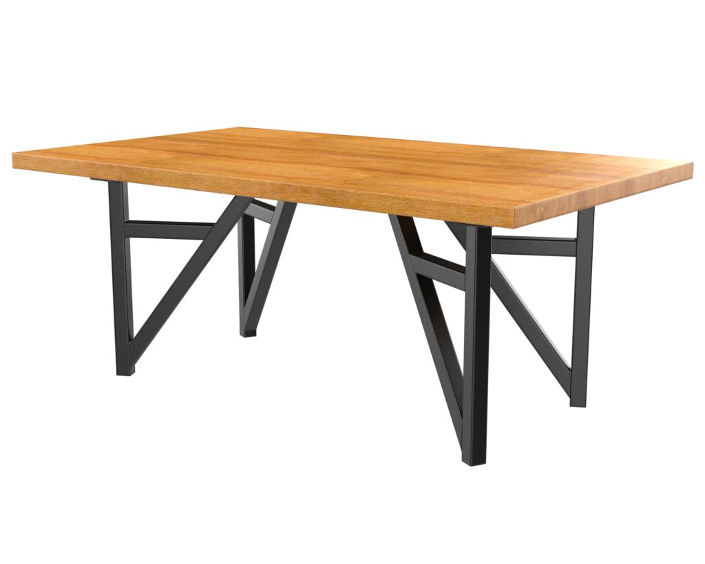 Wooden tabletop on black metal trestle legs, angled view as a workspace table