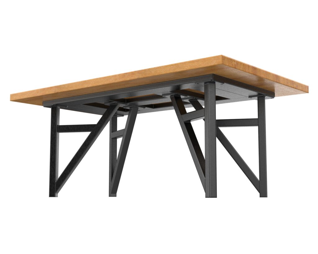 Corner of a wooden tabletop with a metal black frame and diagonal supports, viewed from under the table edge.