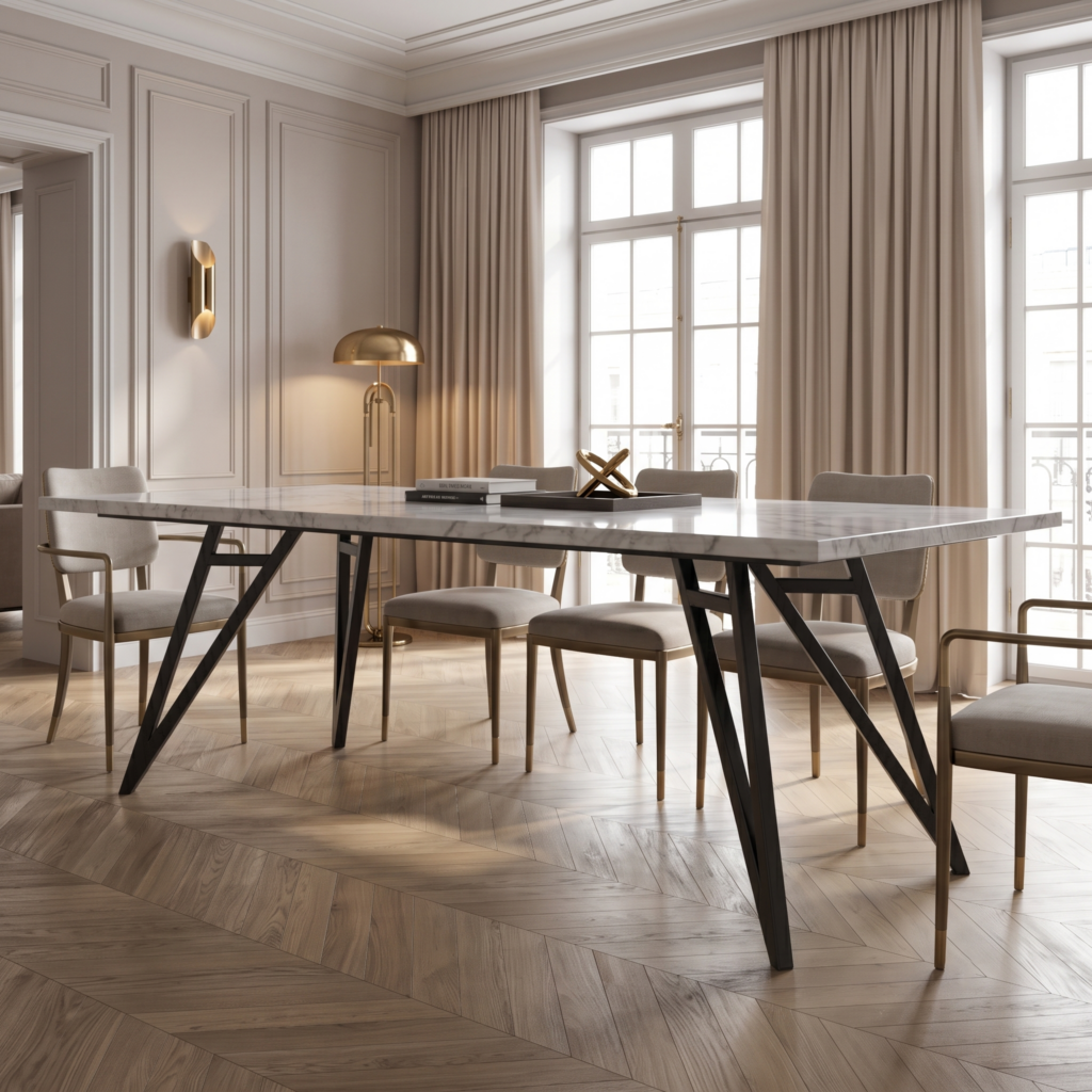 Elegant dining area with a marble table, beige chairs, and large windows with floor-to-ceiling curtains letting in soft light.