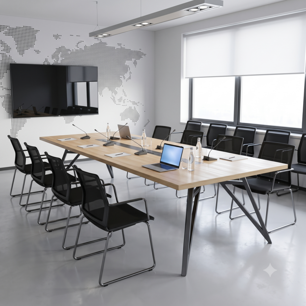 Modern conference room with a long wooden table, black mesh chairs, laptops, and water bottles, plus a dotted world map wall mural.