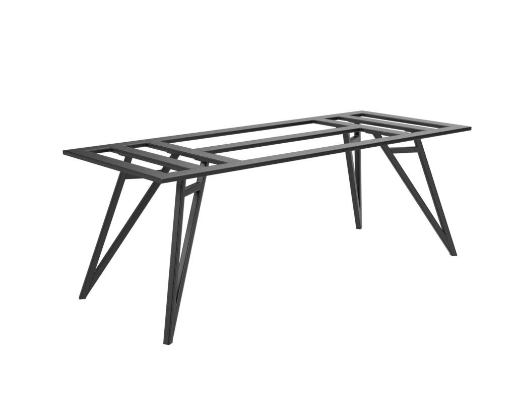 Partial view of a dark gray steel frame with rectangular beams and crossbars, seen from an angled perspective.