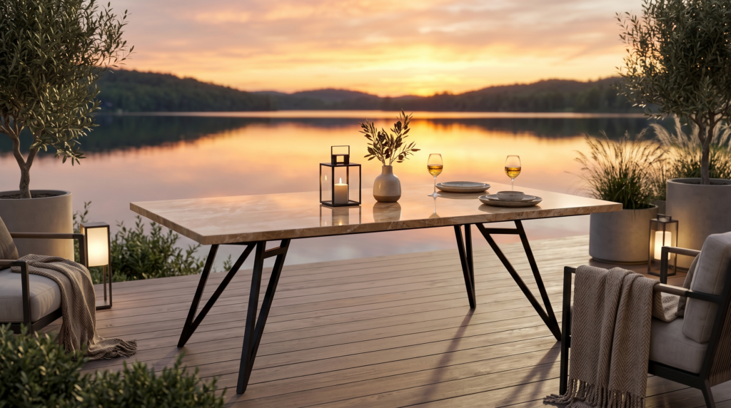 Lakeside outdoor dining table at sunset with candle lanterns, a vase centerpiece, plates, and two wine glasses overlooking the water.