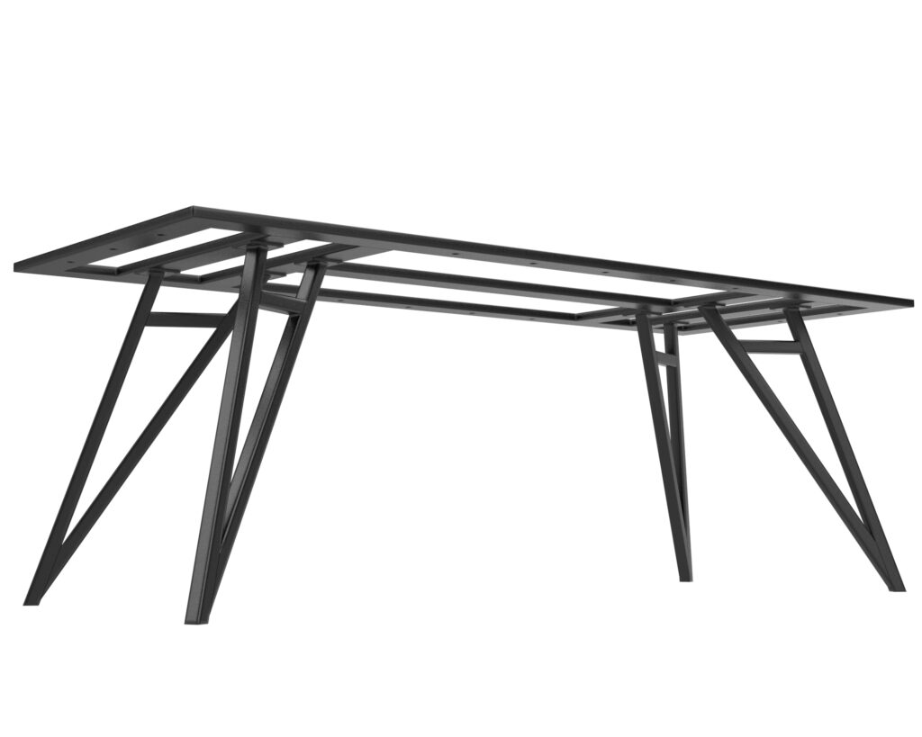 Bottom-edge view of a black metal table frame with angled legs and crossbars against a white background.
