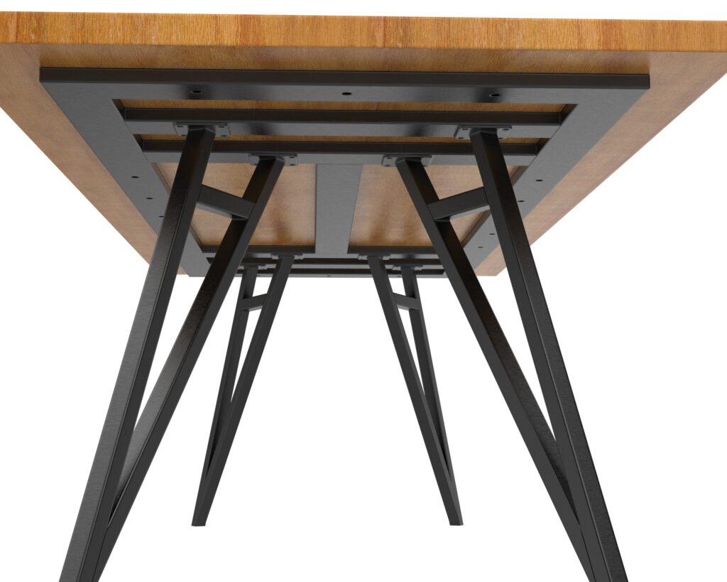 Underside view of a wooden table with a gray metal frame and angled black legs viewed from below