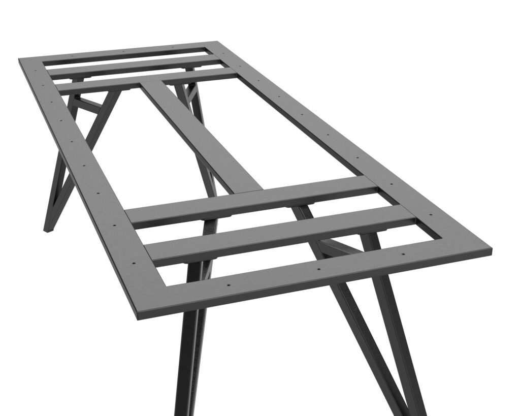 Perspective view of a grey metal frame with cross braces, viewed from below, showing rectangular rails and joints in an industrial scaffold-like structure