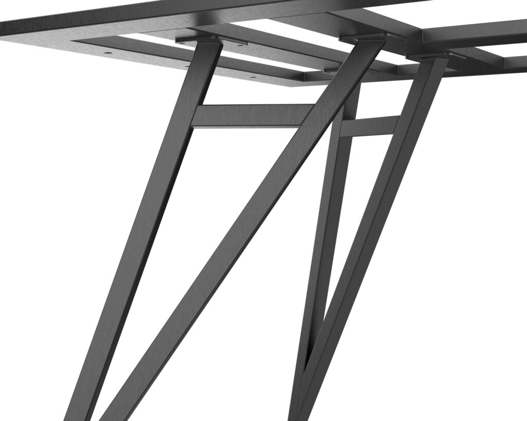Abstract close-up of dark metal beams arranged in diagonal arches against a white background.