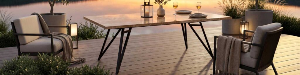 Outdoor dining table for two on a wooden deck by a lake at sunset, with wine glasses, plates, candles, and cozy throw blankets on chairs like a romantic setup.