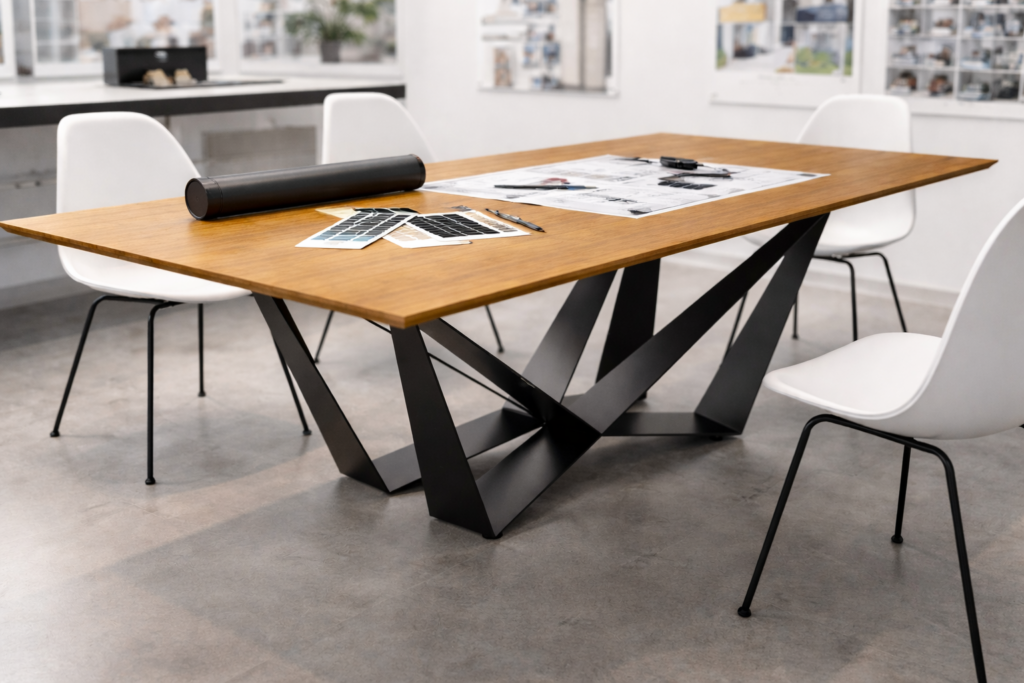 Wood conference table with a black angular base, surrounded by white chairs; color swatches and blueprints spread on the surface in a design studio.