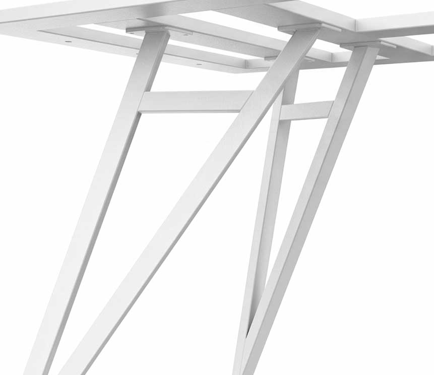 White painted steel truss structure with diagonal braces and a platform above, viewed from below.