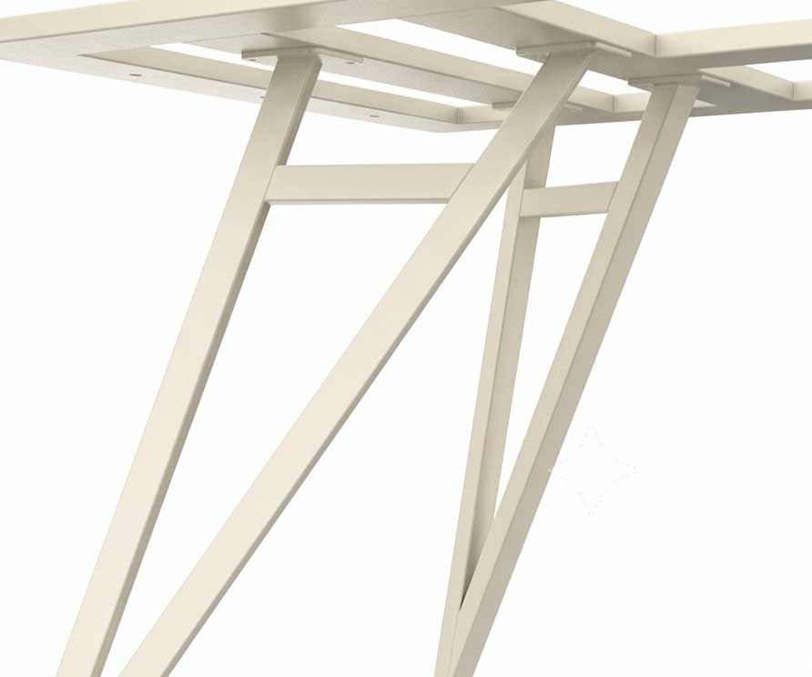 White metal table support frame with diagonal braces and cross-members (furniture construction).