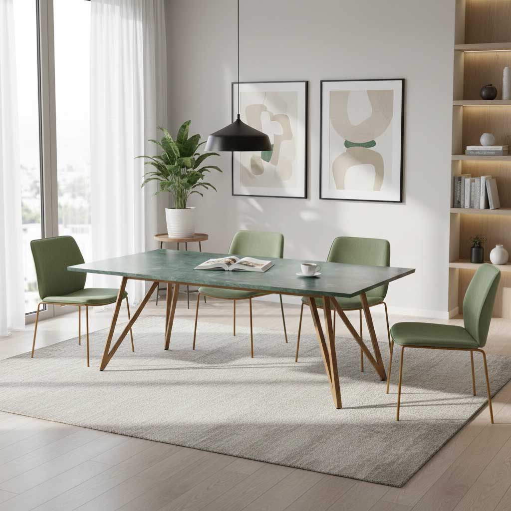 Modern dining room with four green upholstered chairs around a rectangular green table on a light rug.