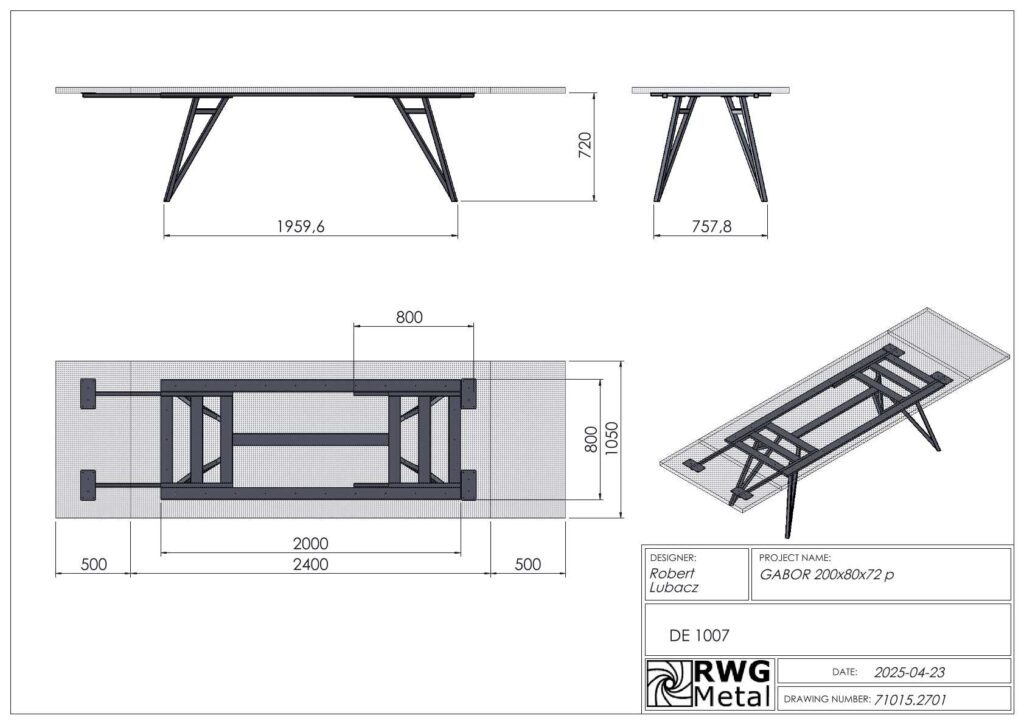 Technical drawing of a rectangular work table with angled trestle legs, shown in multiple views with dimensions (approximately 2000 mm length, 800 mm width, 720 mm height). Includes front, side, plan, and isometric views and a title block with designer and project name.