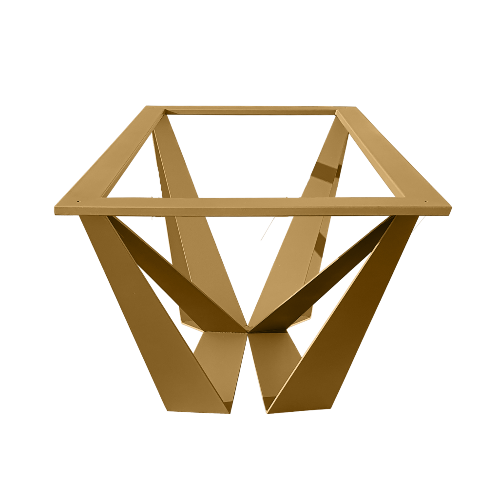 Golden geometric metal sculpture with interlocking diamond-shaped frame on a tan backdrop.