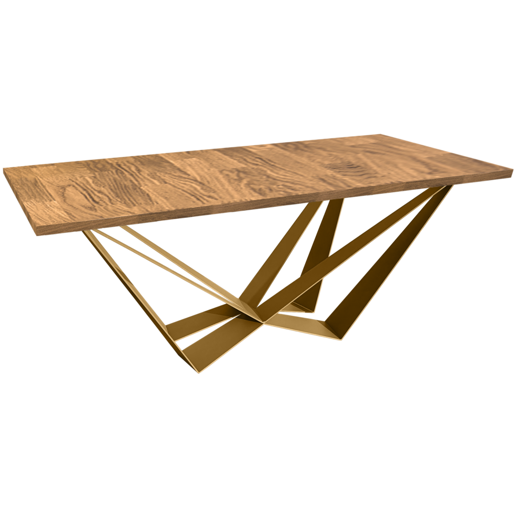Wooden desk top with a gold metal geometric base, viewed from the side at a low angle.